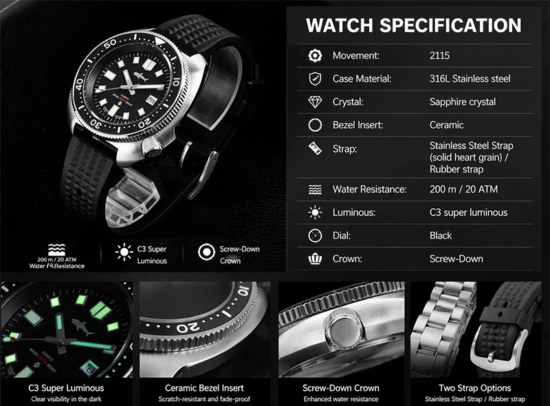 HEIMDALLR Retro Herren-Taucheruhr Stahl/Gummiarmband 20Bar Wasserdicht C3 Leuchtende Keramik-Lünette Saphirglas 2115 Quarz-Uhrwerk – Detail 3