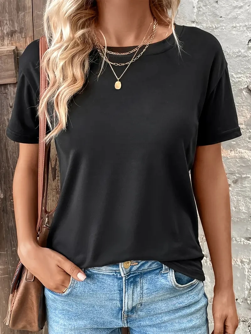 2024 Soft Slight Stretch Tee women's Tops Solid Crew Neck T-shirt Casual Short Sleeve T-Shirt For Summer Women's Clothing