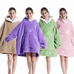 Winter Hoodies for Girls Boys Hooded Flannel Warm Sweatshirts Children's Wearable Blanket with Sleeves Kids 100-160cm Clothing