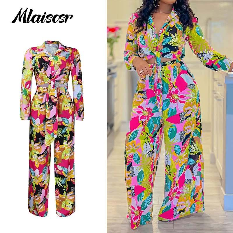 

Mlaiscsr модный африканский осенний женский комплект из двух предметов с принтом в стиле бохо, рубашка с лацканами и широкие брюки, повседневный пляжный отдых