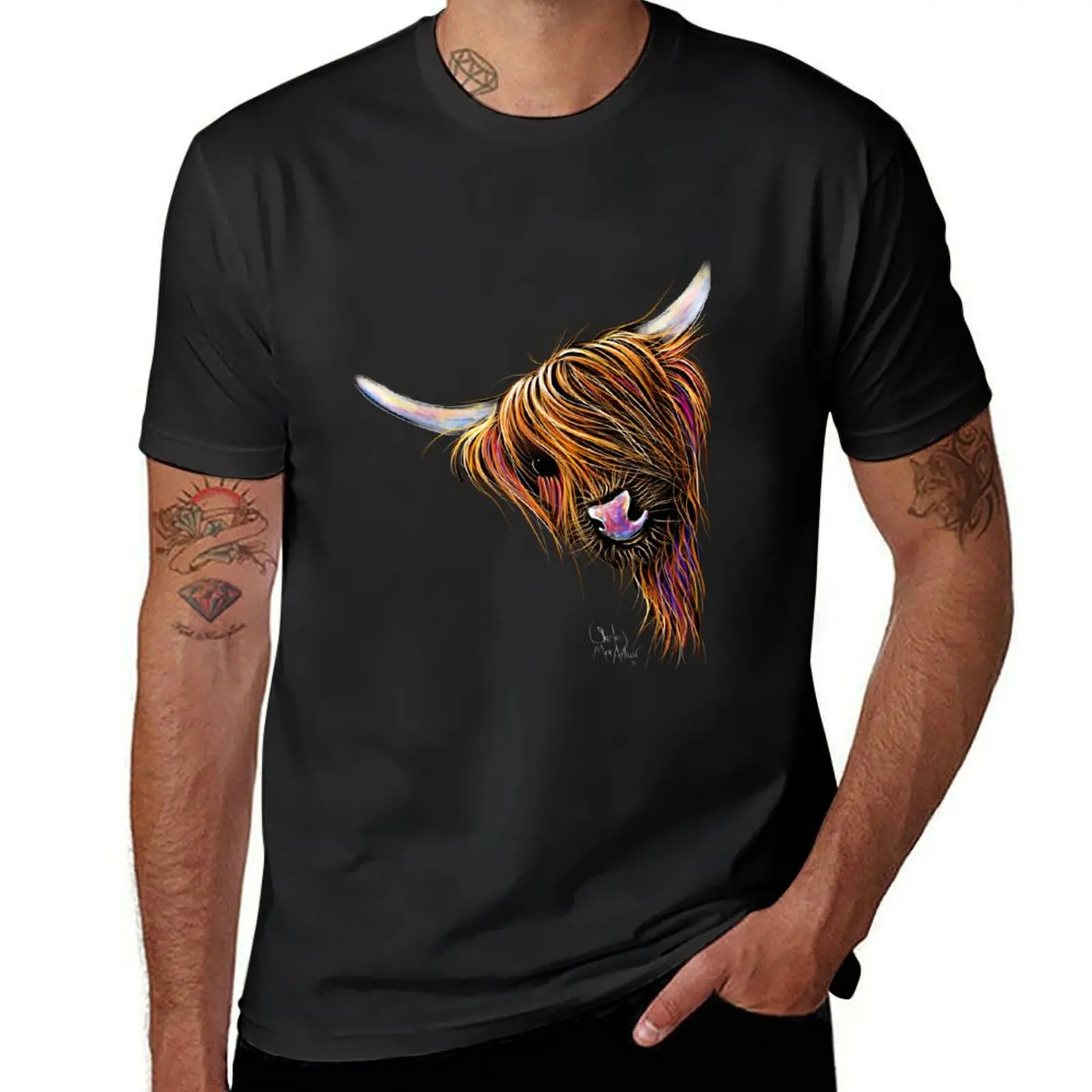 CoW PRiNT SCoTTiSH HiGHLaND ' NooDLeS oN GReY ' by SHiRLeY MacARTHuR T-Shirt oversized blacks tees t shirts for men cotton