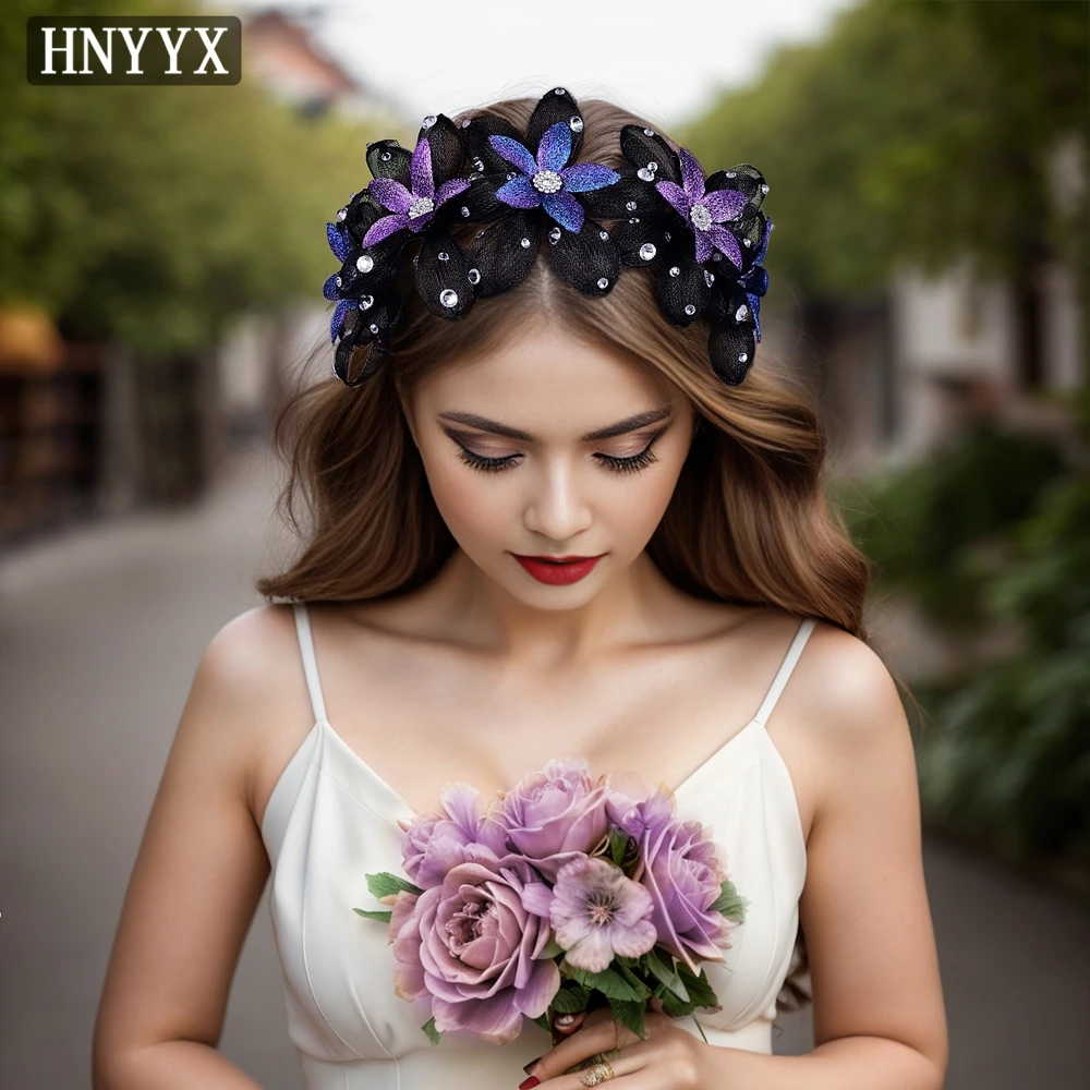 HNYYX Black Hair Accessories For Prom Retro Mesh Flower Style Handband Crystal Handpieces Elegant Women Jewelry Headwear A207