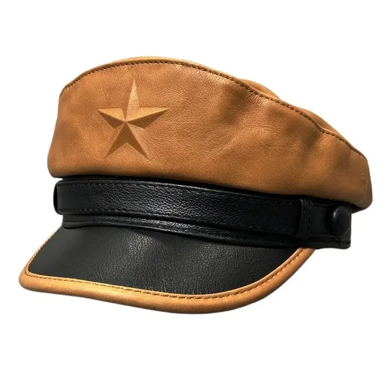 Neuartige Armee Kappe Für Männer Retro Flache Militär Kappen Für Männliche Echtes Leder Rindsleder Schwarz Braun Hüte Europäischen gürtel Chapeau