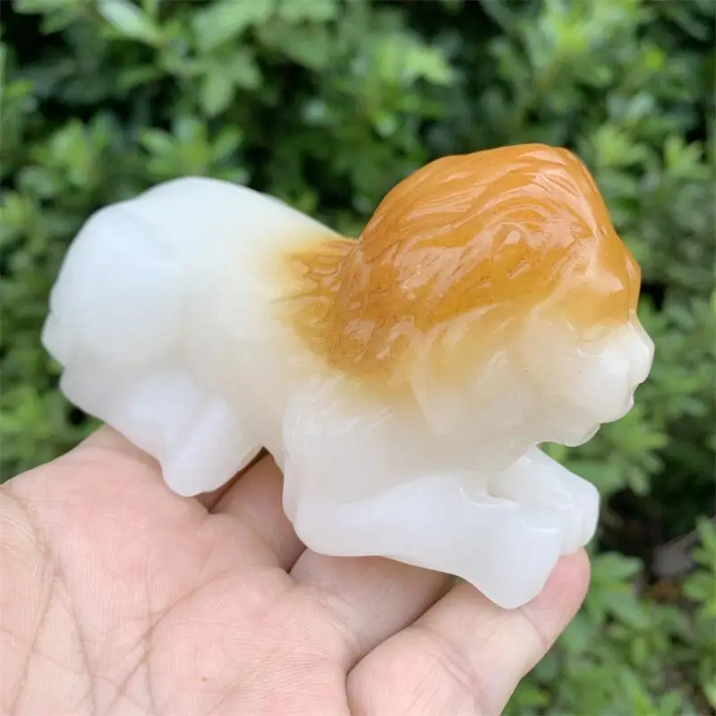 Natural Jade Lion Carving Polished Ore Ornaments Craft Healing Stone Home Decor Collection Gifts 1pcs