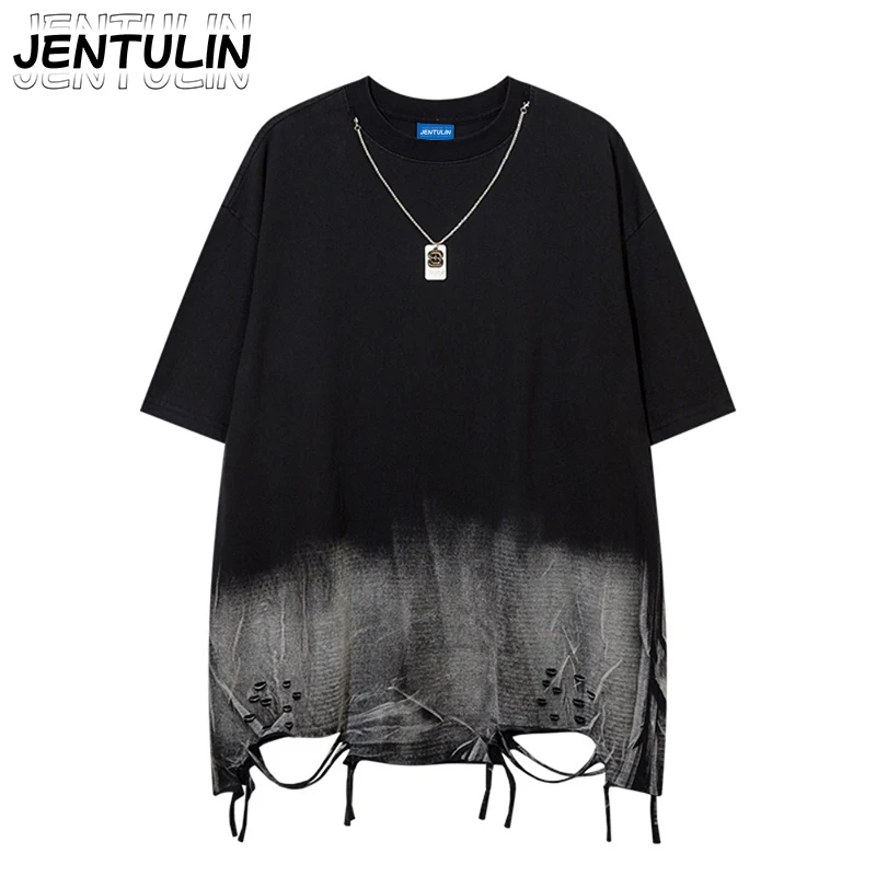 American Retro Washed Distressed Black Gray Gradient Short Sleeved T-shirt Harajuku drawstring Ripped Hem Loose Shoulder Clothes