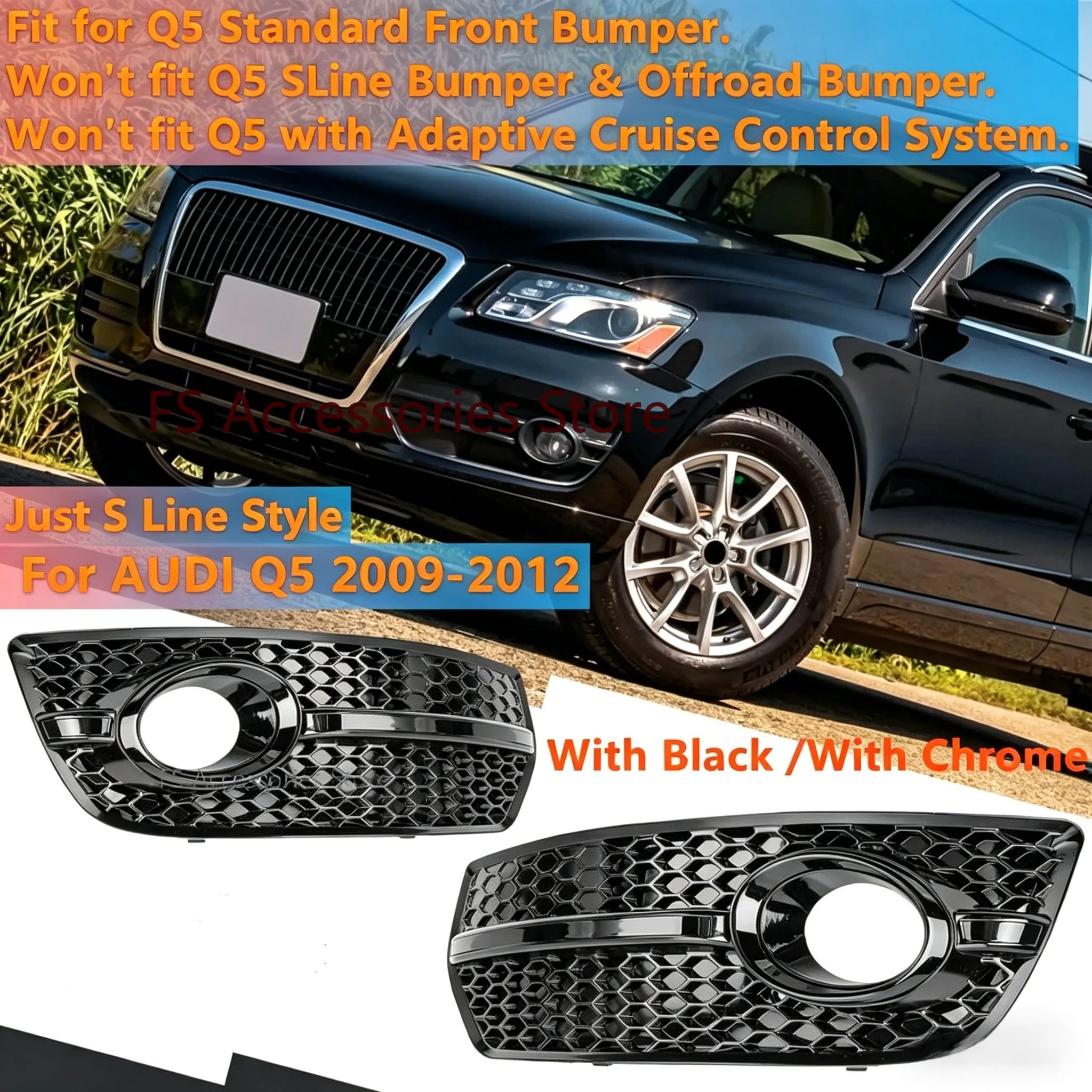 

Fog Light Grille Cover For Audi Q5 Standard 2009 2010 2011 2012 Glossy Black Chrome Car Front Grille Honeycomb Mesh Grille