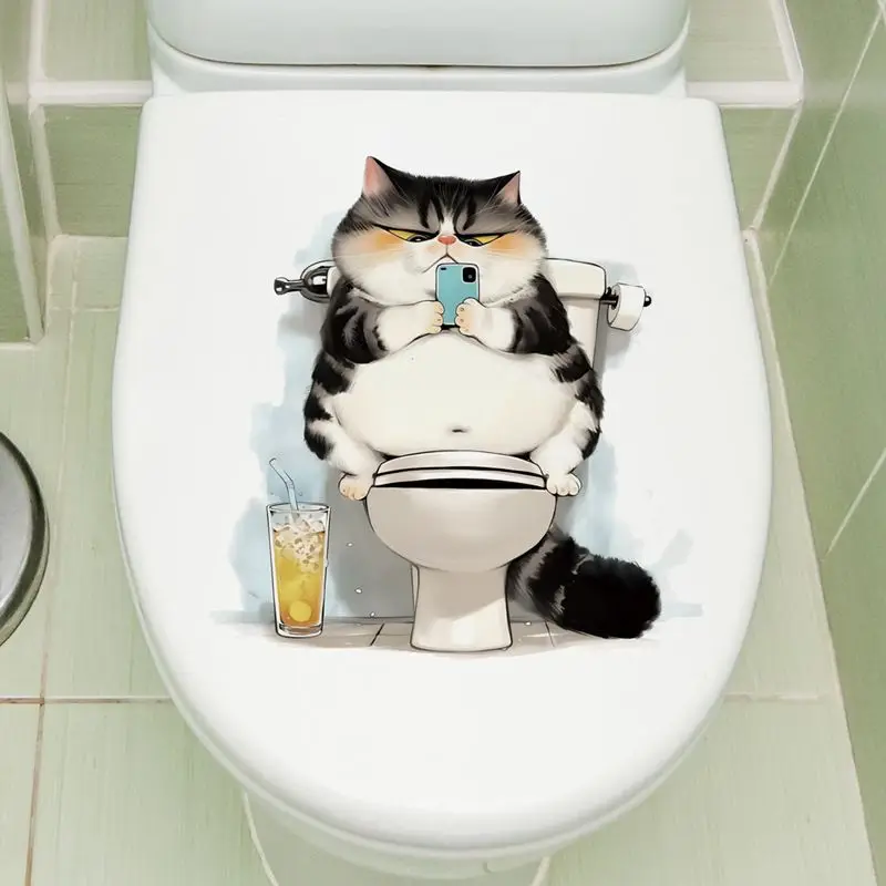 Funny Fat Cat Playing With Mobile Phone Toilet Sticker Bathroom Toilet Cover Sticker Wall Stickers Wc For Home Decoration S758