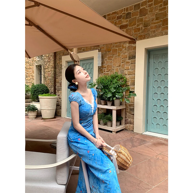 Vintage Floral Midi Dress Women Vacation Sexy Lace Patchwork V Neck Dresses Summer Elegant Puff Short Sleeve Bodycon Vestidos