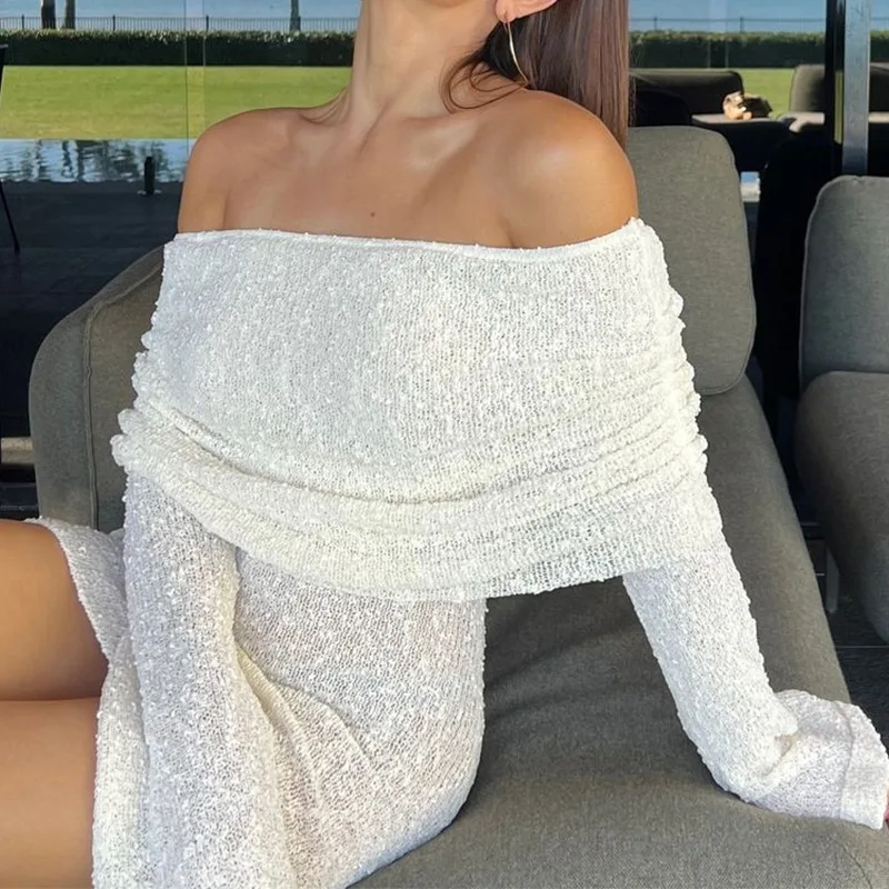 Elegant Knitted White Blue Mini Dress 2024 Woman Strapless See Through Beach Sundress Sexy Bodycon Off Shoulder Crochet Dresses