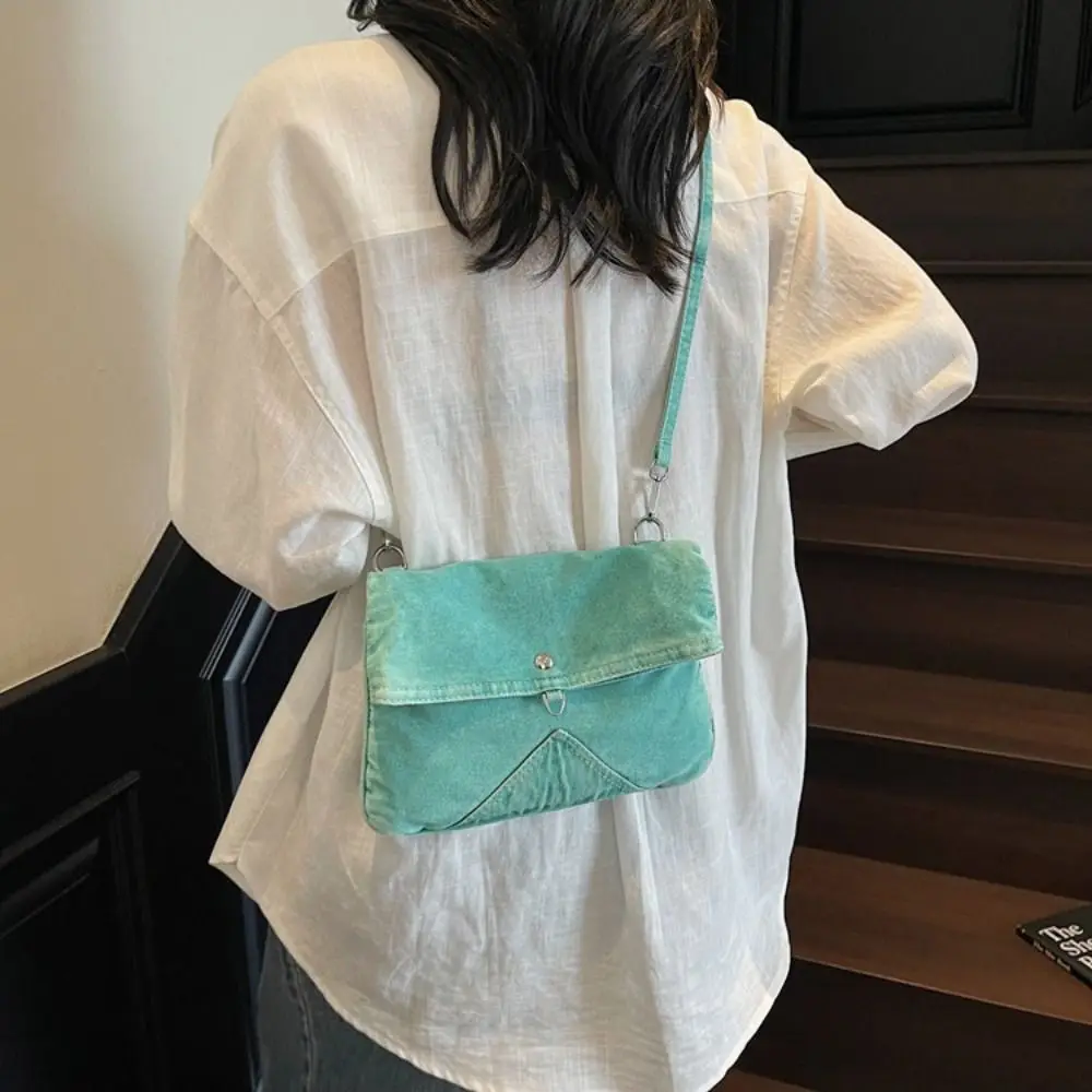Y2K Washed Denim Canvas Bag Street Style Large Capacity Vintage Handbag Shopping Bag Messenger Bag Solid Crossbody Bag Girl