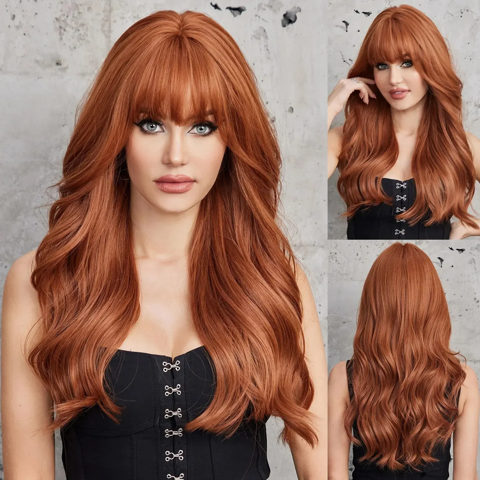 

Long Red Brown Copper Ginger Synthetic Wigs for Women Wavy Natural Hair Wigs with Bangs Cosplay Wigs Heat Resistant Fiber