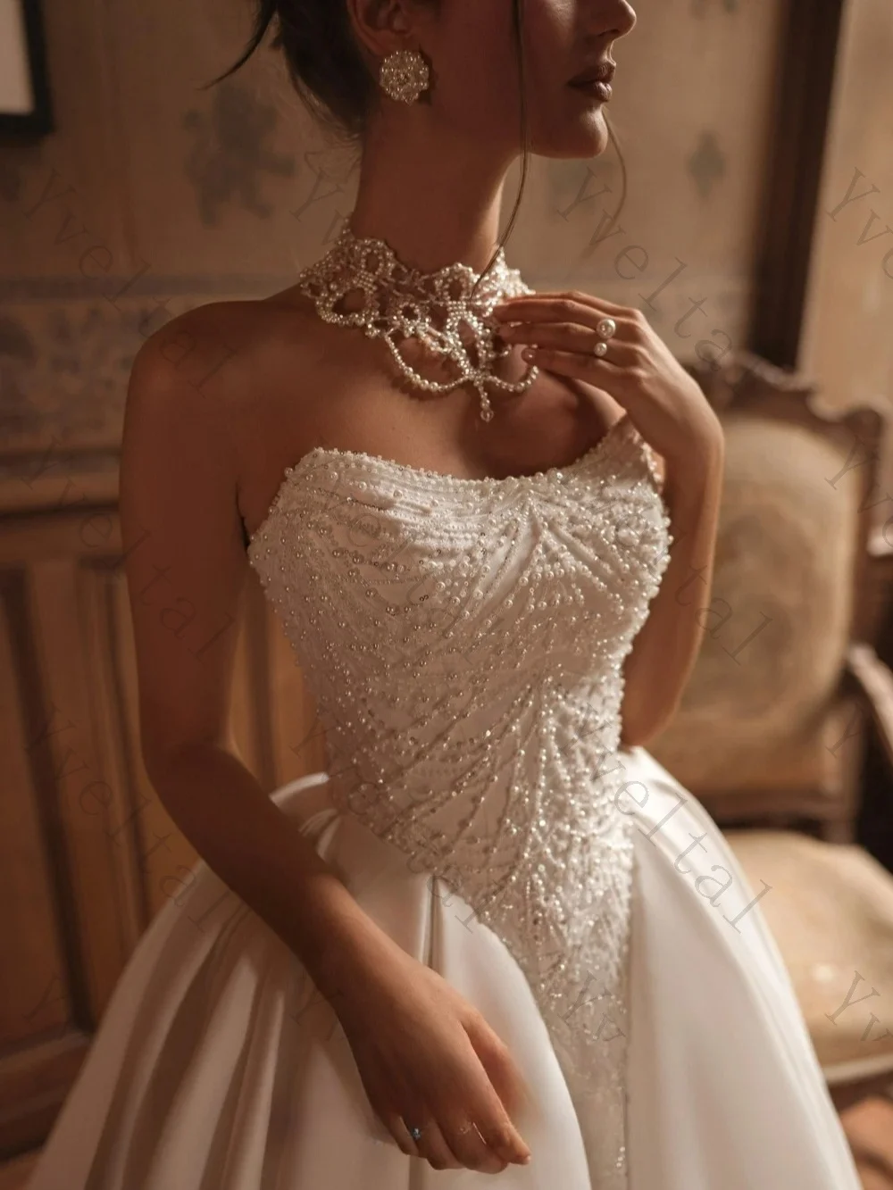 Customized  Graceful Temperament Pearls Strapless Buttons Back Wedding Dresses Court Train Ball Gown Fascinating Bridal Gown