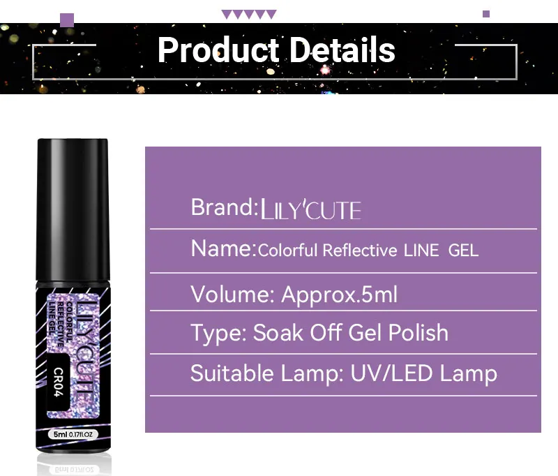 LILYCUTE 5 ml Reflektierende Glitter Liner Gel Nagellack Superflash Bunte Funkelnde Graffiti Malerei Streifen Pull Linie Nagel Gel – Detail 2