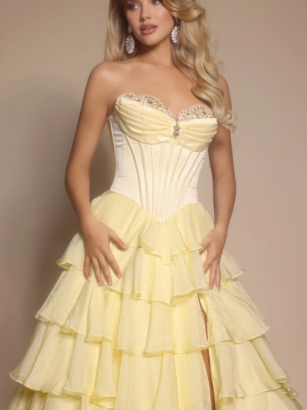 Yellow Sweetheart Prom Dress Fluffy Ruffled Tiered Chiffon Evening Gown Cute Romantic Formal Graduation Dance For Teen Girls