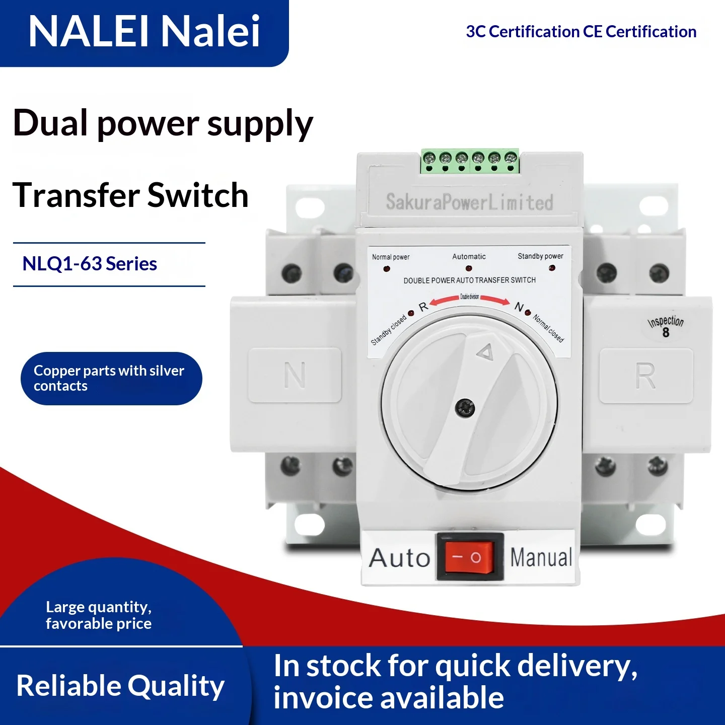 NLQ1 Dual Power ATS Switch, Mini Breaker Type, AC230V, Home Single Phase 2P 63A Transfer Switch