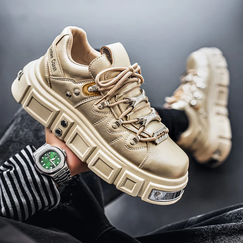 

Men's Leather Shoes Metal Sponge Shoes Thick Soled Punk Shoes Trendy Brand Men's Shoes Plus Size Work Shoes Youth Clunky Sneaker