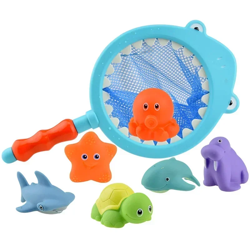 7PCS/Set Fishing Toys Network Bag Pick up Duck&Fish Kids Toy Swimming Classes Summer Play Water Bath Doll Water Spray Bath Toys