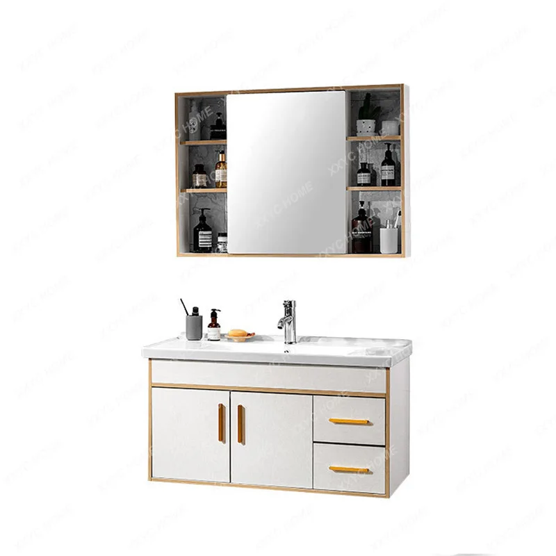 Ceramic Whole Washbin Bathroom Cabinet Combination Nordic Style Paint-Free Multi-Layer Solid Wood Semi-Hanging Bathroom Cabinet