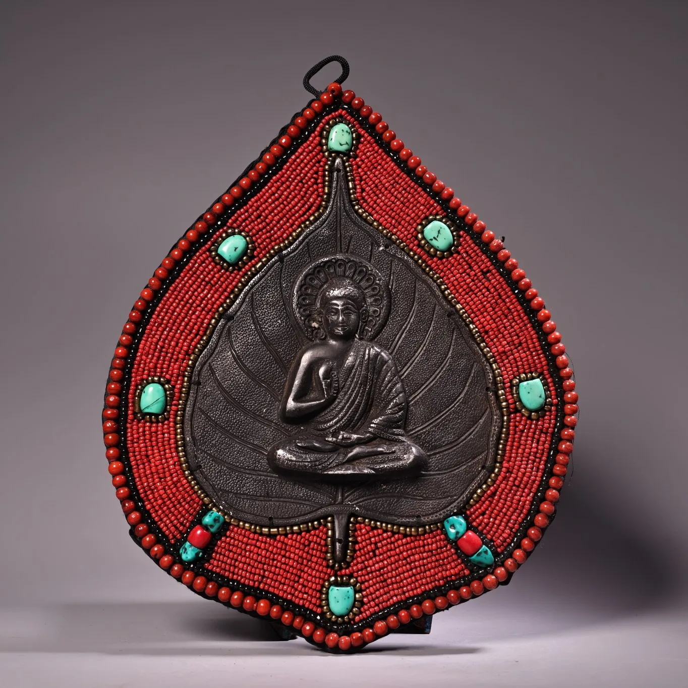 Old Red Rope Weaving Mosaic Gem colored glaze Shell leaf shape Shakyamuni Buddha Thangka hanging panel