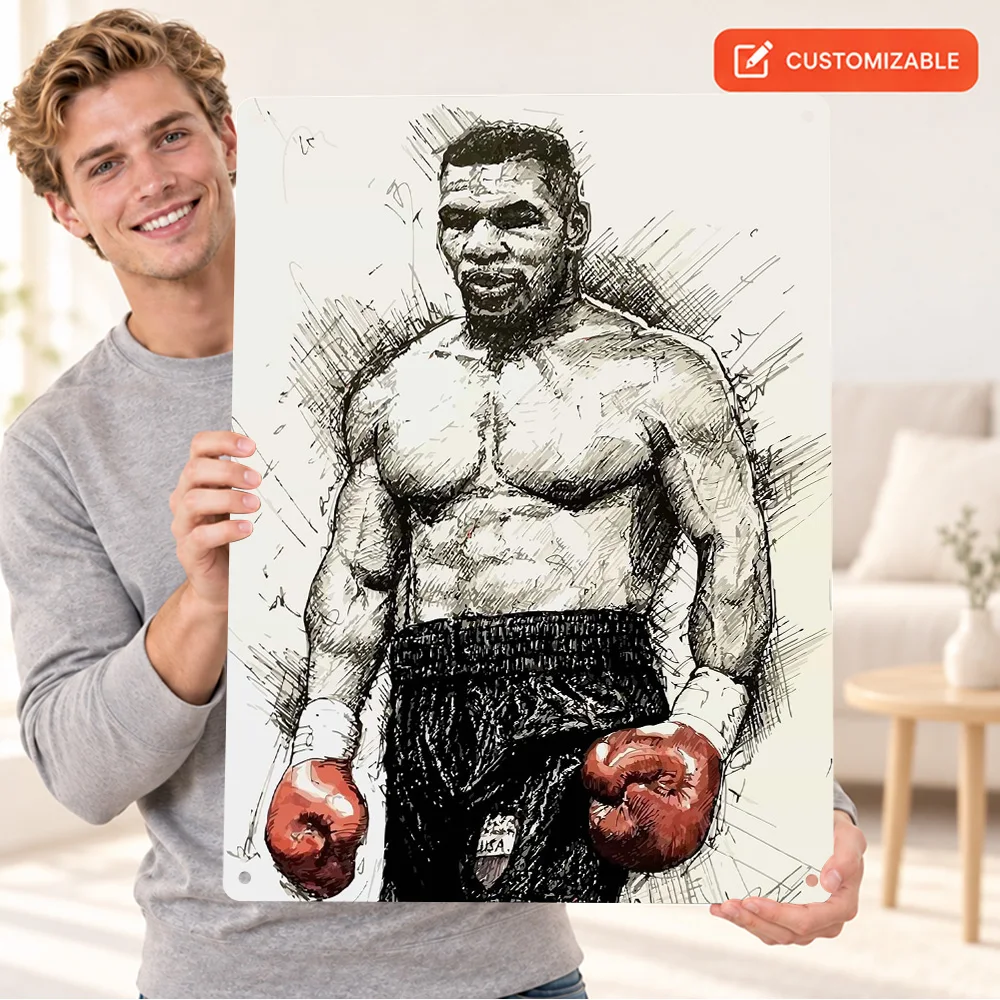 Mike Tyson Boxing Guard Aluminum Poster Personalized Metal Sign Red Gloves Pencil Sketch Lines Graphic Wall Art For Home Gym