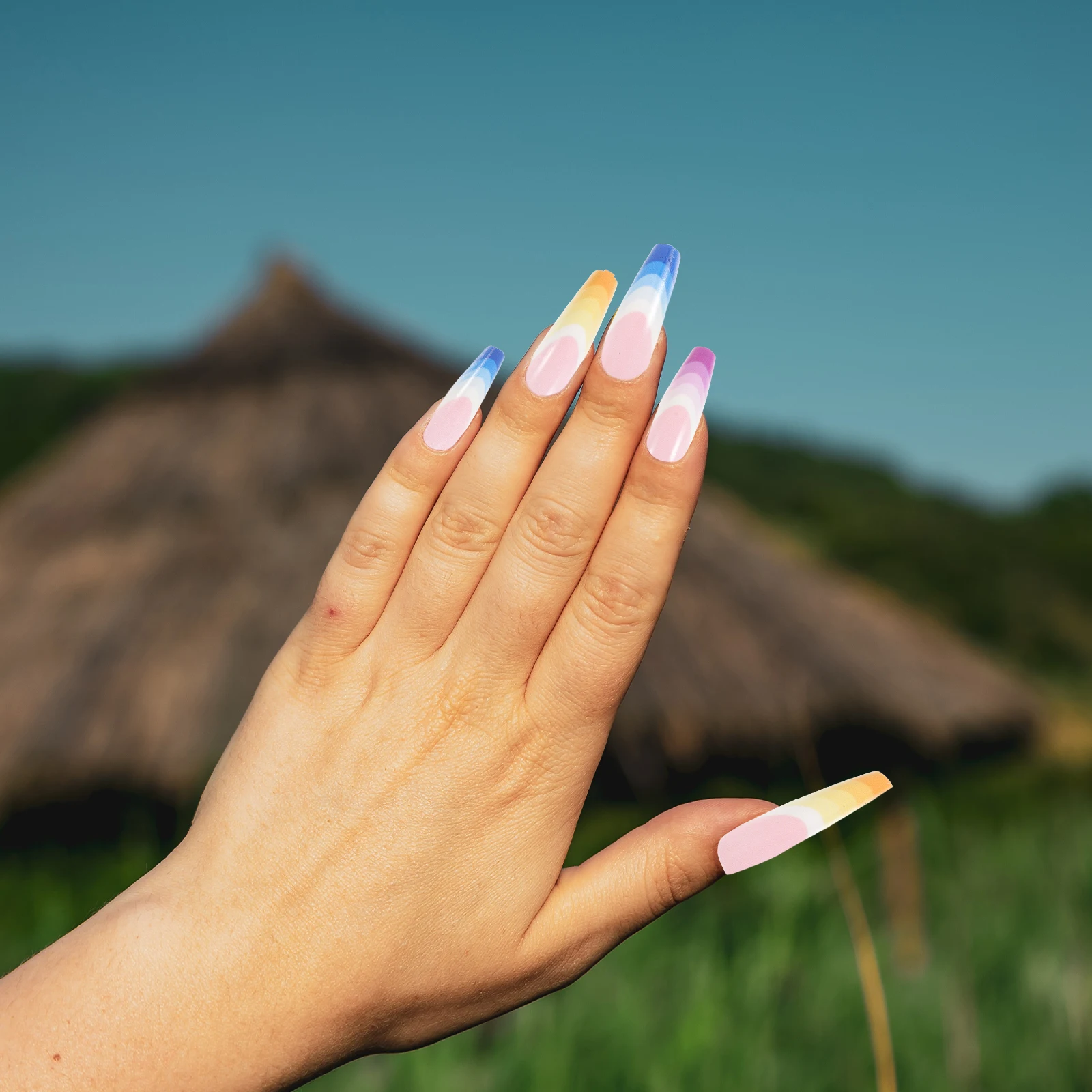 

24 Pcs Rainbow Gradient False Nails ABS Eco Material Blue Fake Long Press On Faux Nails Art Salon DIY Home Nail Party Prom