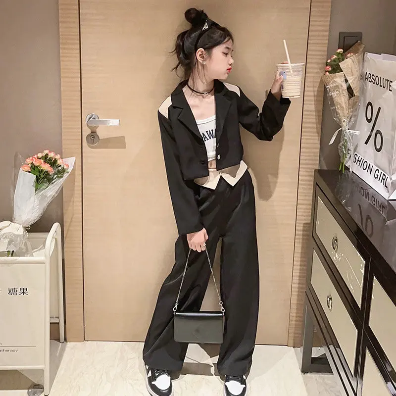 Teen Girls Suit Patchwork Blazer Jacket Wied Leg Pants Two Pieces Kids School Clothes Set Autumn Fashion Children Costumes