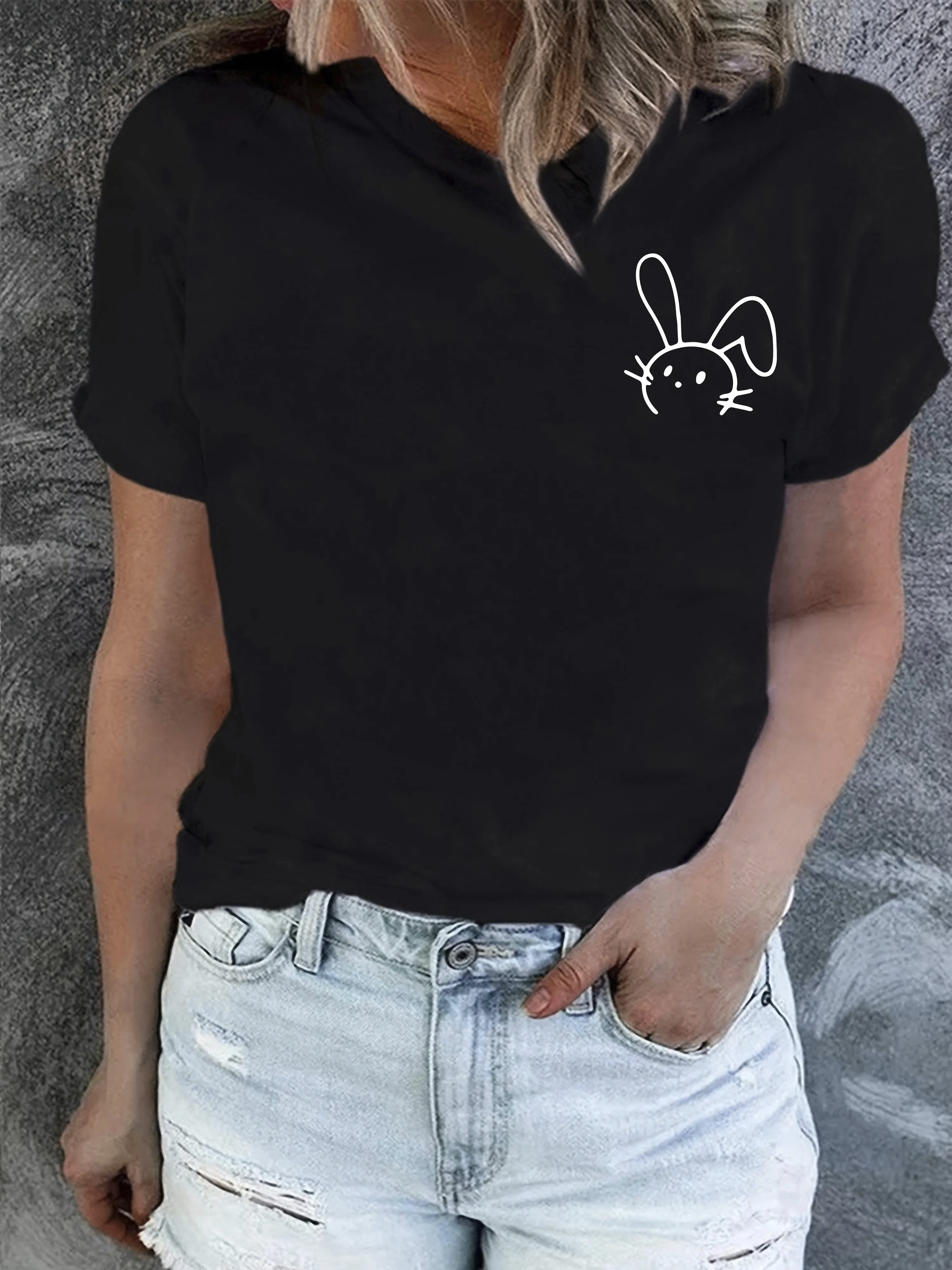 

Cartoon Rabbit Print T-shirt Short Sleeve Crew Neck Casual Top for Summer & T-shirt Fashion Casual Summer Top 2024 New Harajuku
