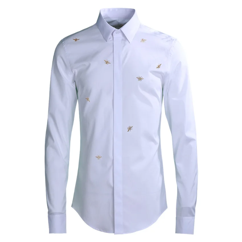 2021 Bee Embroidery Men\'s Shirt Long Sleeve Business Formal Dress Shirts Casual Slim Fit Social Party Stage Star Chemise Homme