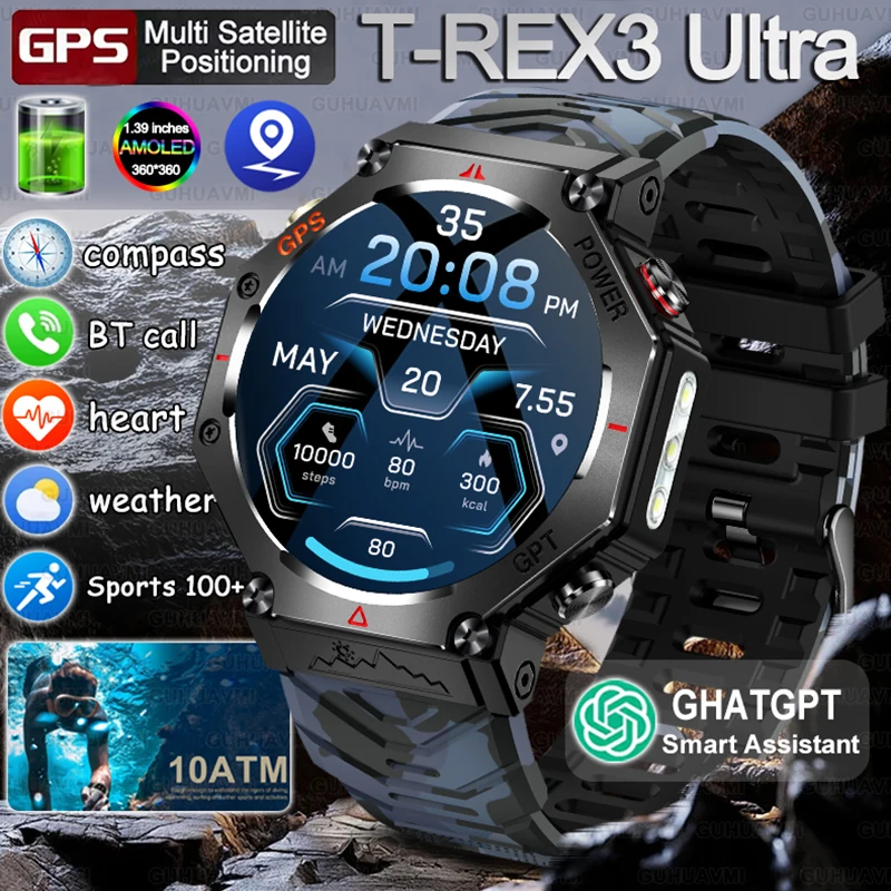 

New Military T-Rex 3 Ultra Outdoor Sport Men HD AMOLED Display GPS Track Altimeter Heart Rate Call 10ATM Waterproof Smart Watch