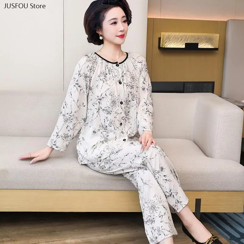 2026 New Floral Print Pajama Set for Senior Women, Button Open Front Long Sleeve & Long Pants, Casual Home Loungewear