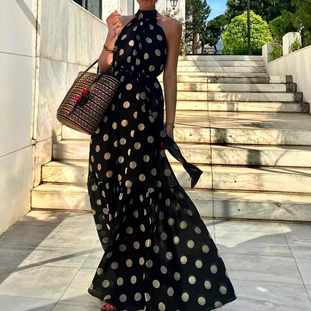 

2026 Casual Dresses For Ladies Maxi Dress Vestidos Temperament Elegant Fresh Sweet Slim Contrast Neck Halter Sleeveless Holiday