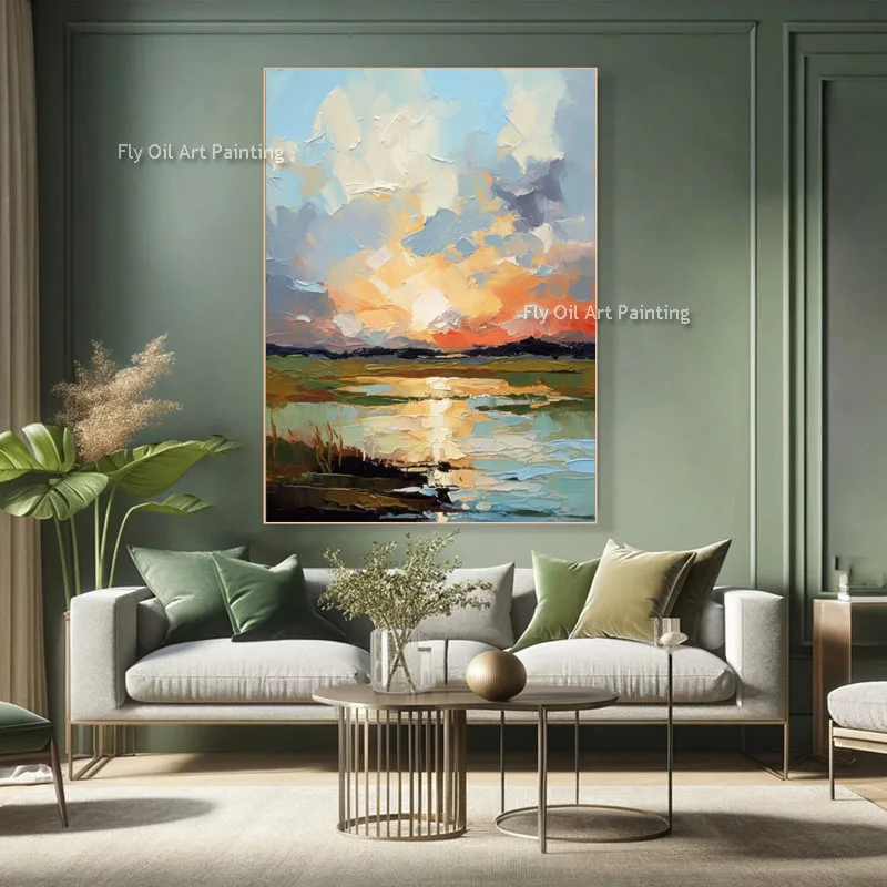 Large Hand Painted Nature Landscape Canvas Oil Art, Vibrant Sunset Lake Palette Knife Textured Wall Decor