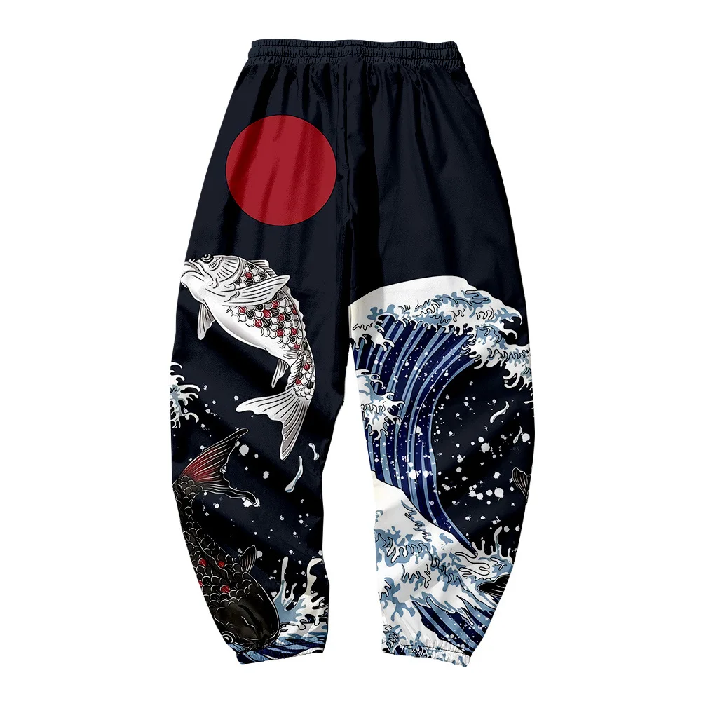 Japanese Style Ukiyoe Carp Sweatpants Men Multi Pocket Long Cargo Pant Harajuku Jogger Trousers Streetwear Pants Plus Size