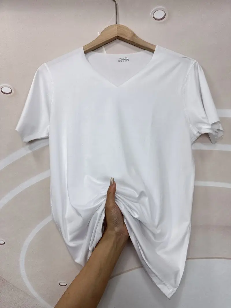 2024 Short T-Shirts Y2K Casual New Chic Short Sleeve V-neck Slab Summer Women Cool Half-sleeved V-neck Heavy Solid T-shirt