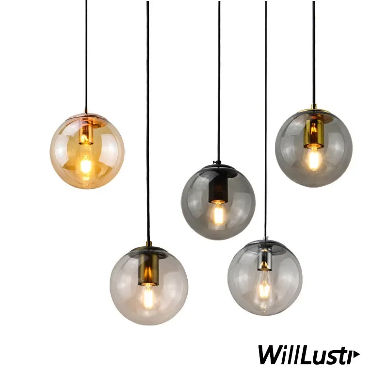 Imagem -02 - Black Gold Silver Metal Pendant Lamp Glass Globe Suspension Light Loft Café Hotel Clear Amber Smoke Hanging Teto Lustre