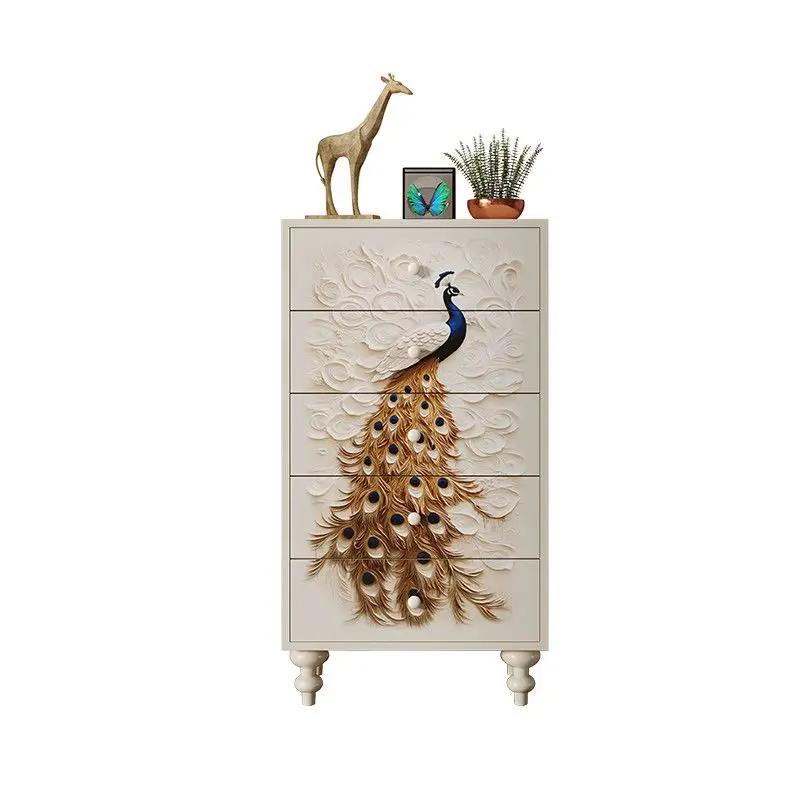 

Bedroom solid wood storage cabinet art, hand-painted furniture peacock, light luxury drawer cabinet