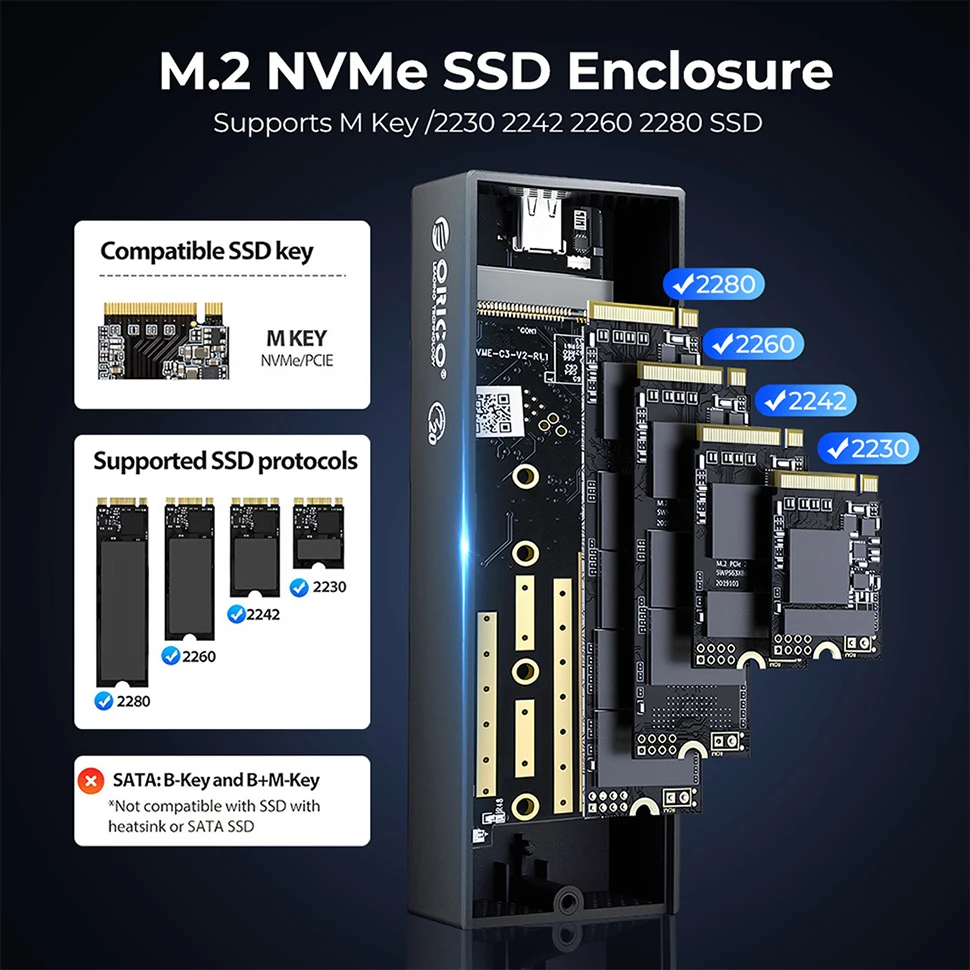 حافظة خارجية ORICO-NVMe SSD ، حاوية M.2 ، USB HD ، حالة صلبة ، صندوق تخزين القرص الصلب ، نوع C M2 ، غلاف للكمبيوتر الشخصي ، كمبيوتر محمول ، 20 جيجابايت في الثانية