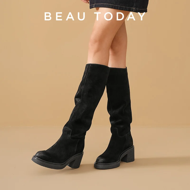 EAUTODAY Tube Boots Women Cow Suede Solid Color Slip-on Round Toe Long Boots Retro Thick Sole Ladies Shoes Handmade 01347