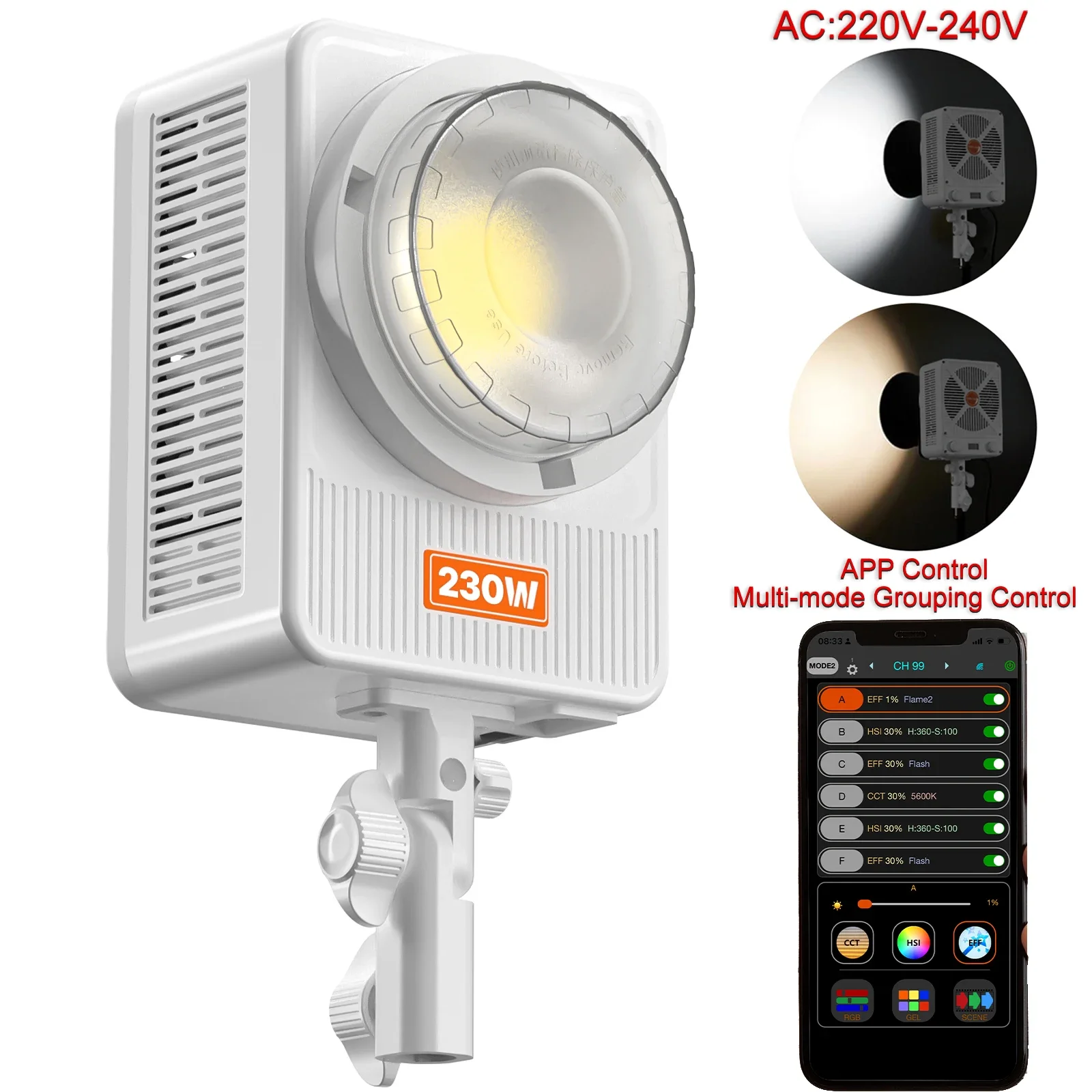 230W Photo Studio Light LED Video Photography Continuous Lighting Bi-color 2700k-6500k Bowens Mount Manual App Control Spotlight