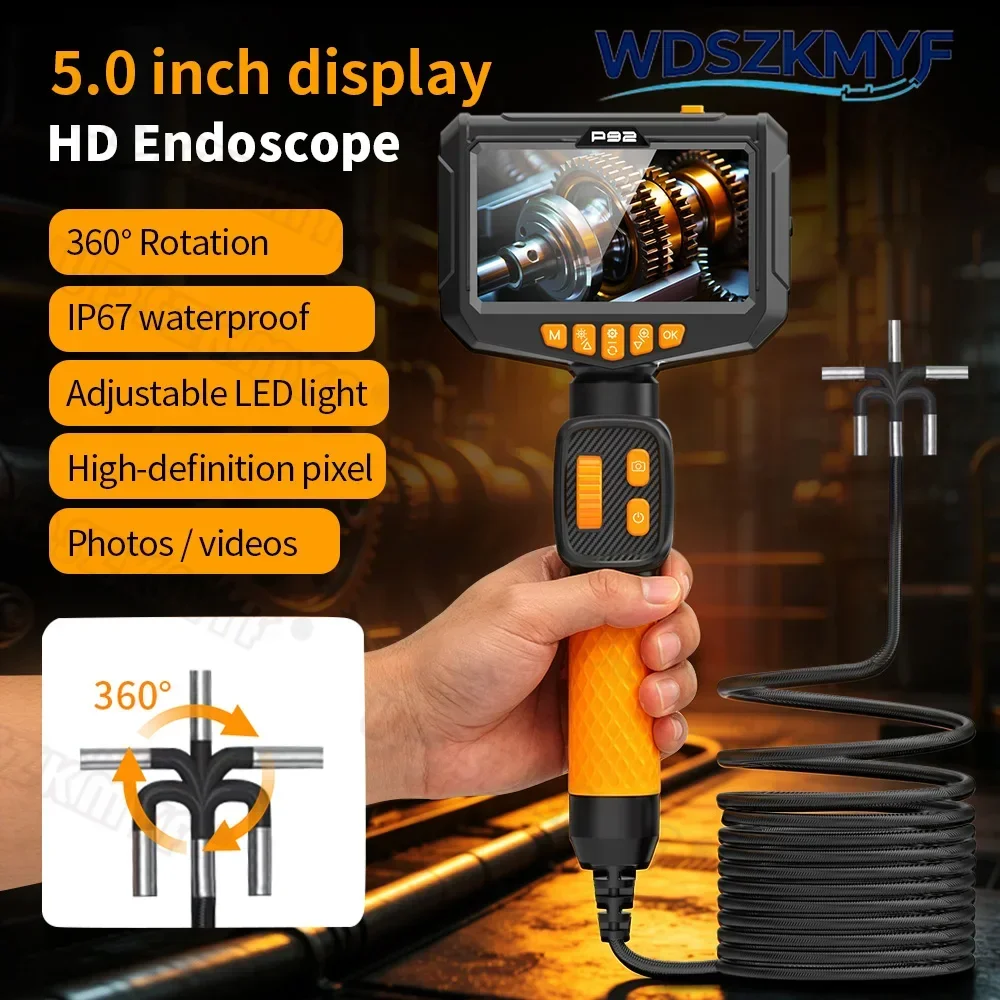 360 ° rotating 6.0MM lens endoscope 5.0-inch IPS inspection camera Snake Cam 1080P IP67 Waterproof Sewer Camera With LED