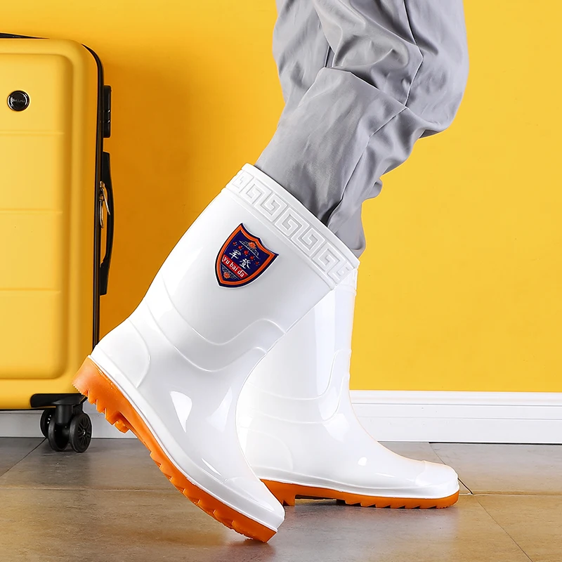 White Mid-Calf Kitchen Rain Boots Unisex Waterproof Non-Slip Lightweight Soft Rubber Shoes for All Seasons Spring Summer Autu...