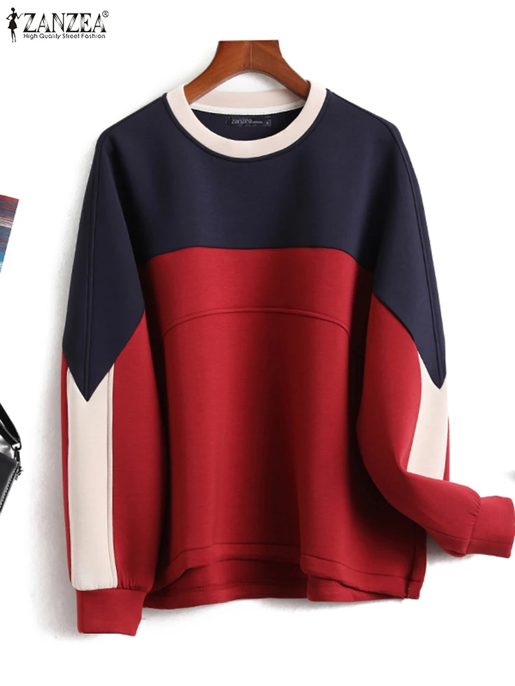 ZANZEA jesień 2024 damskie bluzy Patchwork z długim rękawem Color Block Casual luźne swetry Streetwear koreańska modna bluza