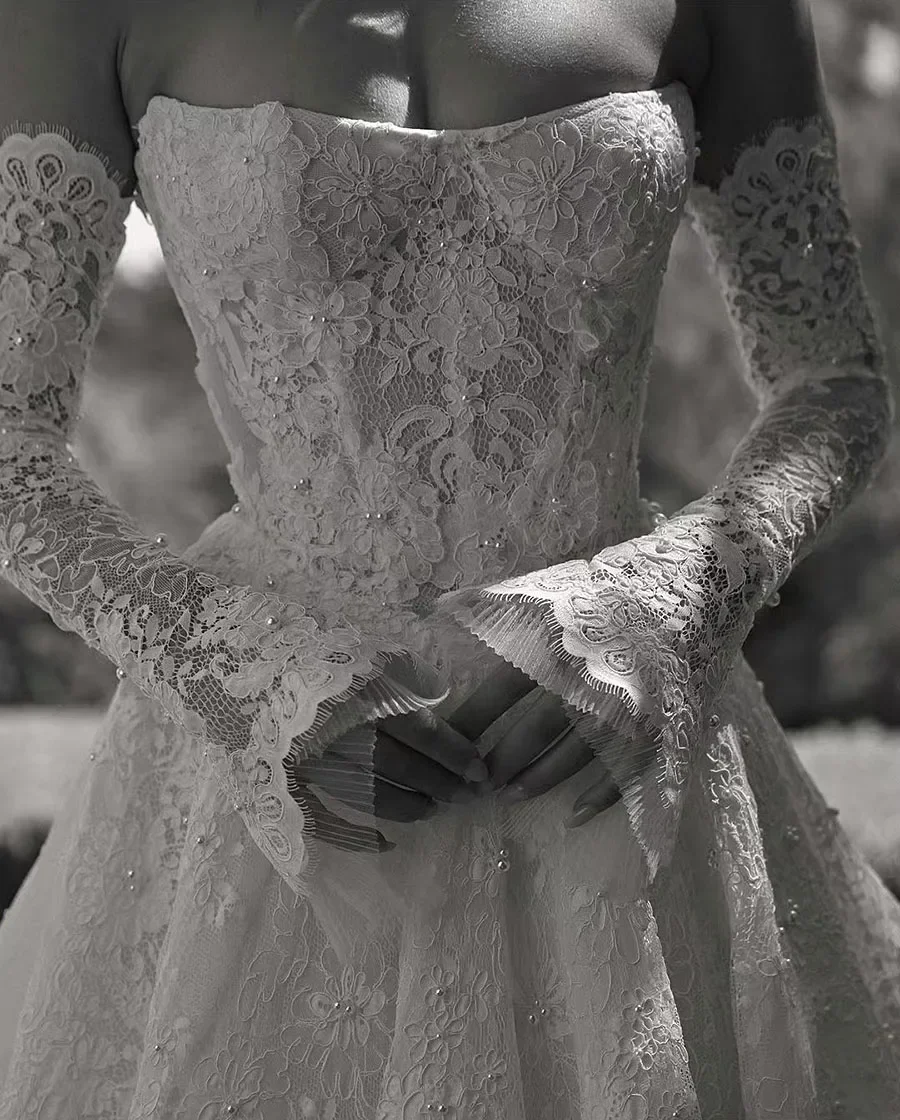 op maat gemaakte sierlijke strapless kant zeemeermin trouwjurk v-hals lange mouwen a-lijn bruidjurken vestido de novia