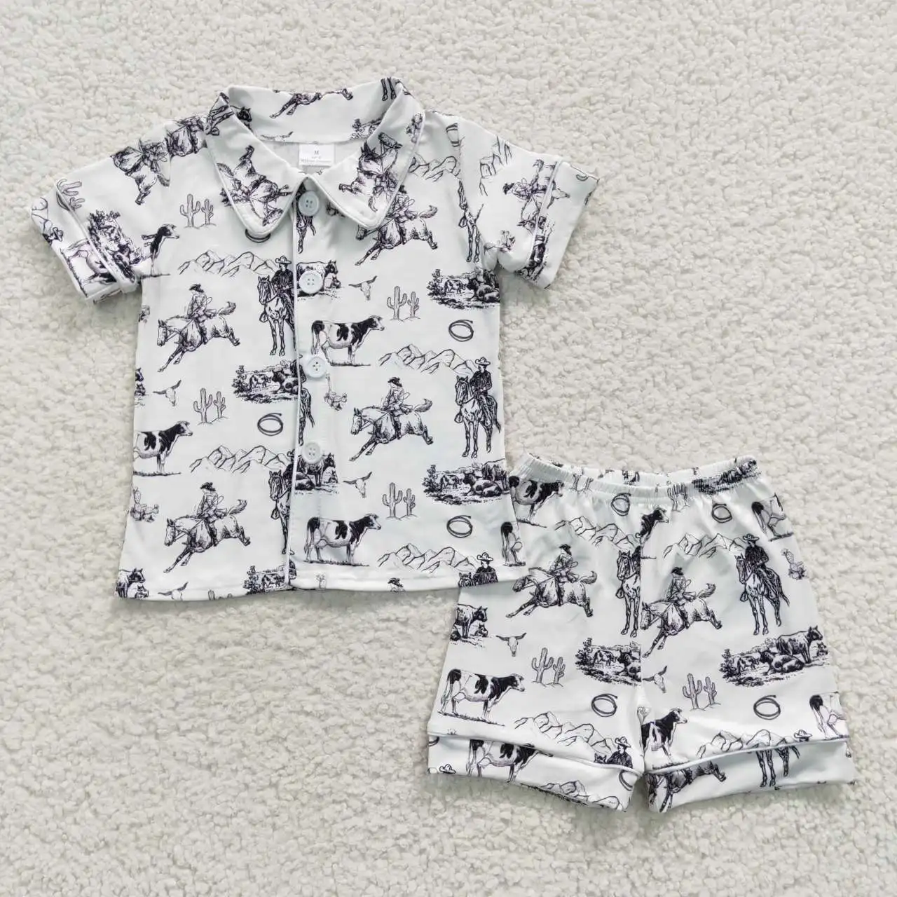 Riding Horse Cow White Short Sleeve Print Kid Clothing 2023 New Summer Baby Boy Shorts Outfit Boutique BSSO0275