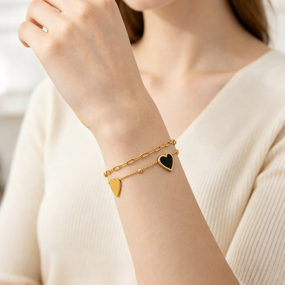 Charm-Armband Dubai Vergoldeter Edelstahl Schwarze Emaille Ineinandergreifende Kette Stern-Motiv Glücksbringer Schmuck-Accessoires 5-teiliges Set – Detail 18