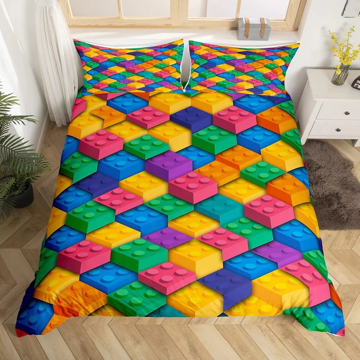 Happy Birthday Bedding Sets 3D Building Blocks Duvet Cover Single Queen,Colorful Construction Comforter Cover with 2 Pillowcase