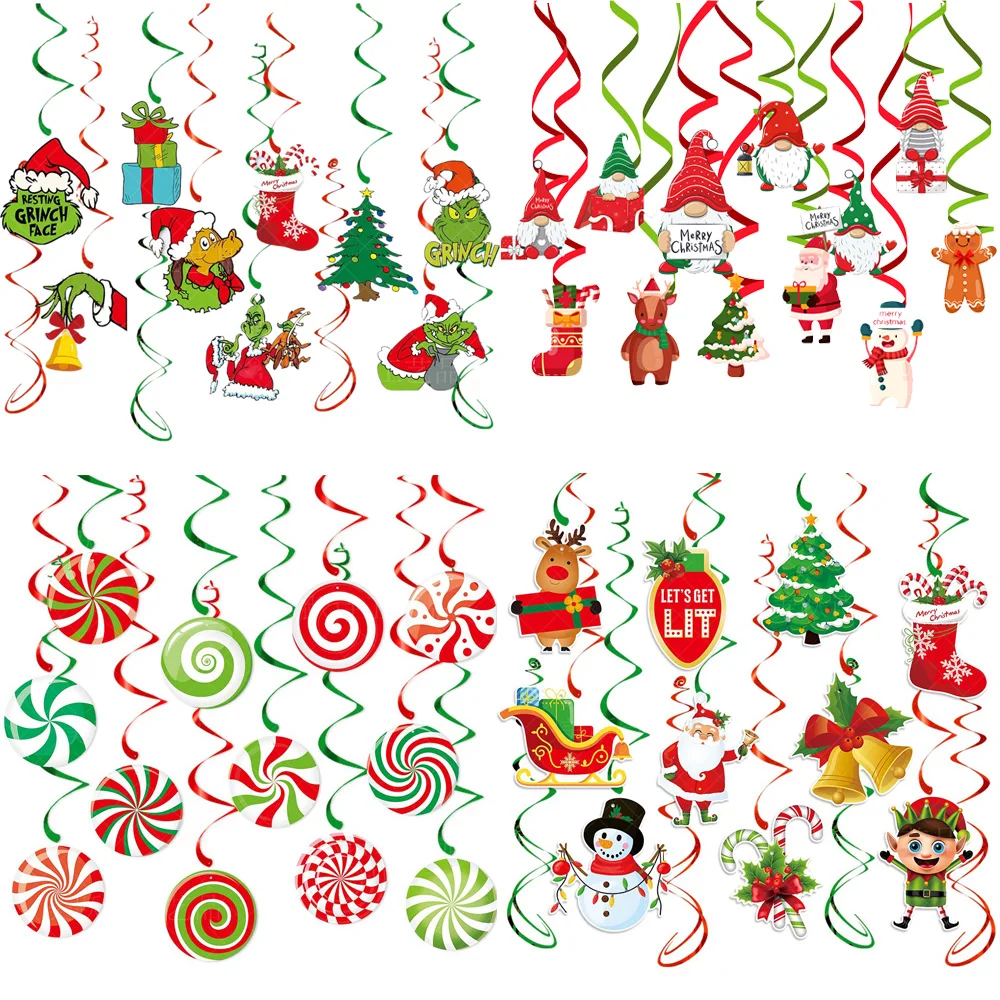 Christmas Foil Swirl Hanging Decorations Christmas Tree Candy Snowman Elk Bell Set for Indoor Outdoor Holiday Party Supplies