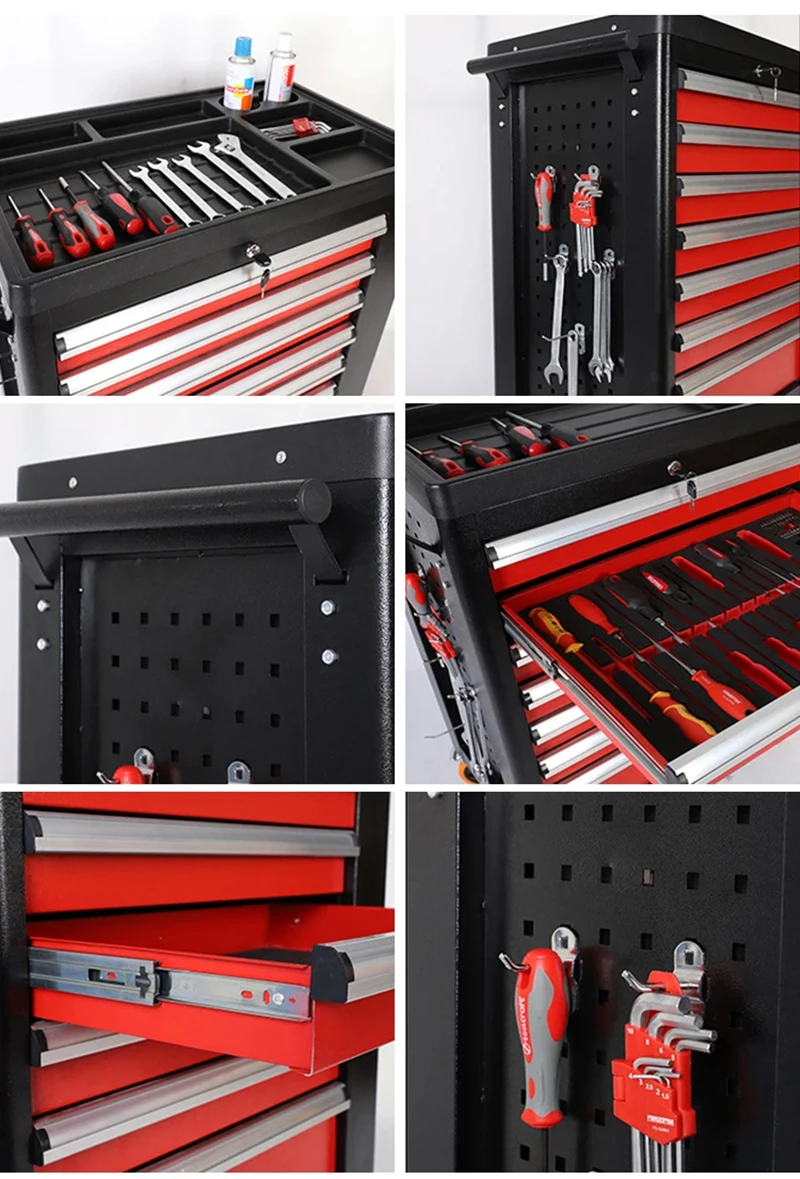 Carro de herramientas de 7 cajones con encimera antiincrustante, puede bloquear rueda, carrito de gabinete profesional mecánico para garaje, barbería, también caja