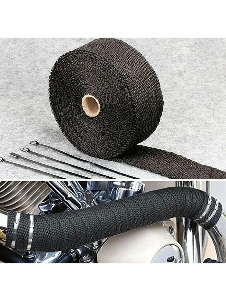5M Rolle Glasfaser-Hitzeschutzband für Motorrad-Auspuff, Thermisches Schutzband für Krümmerrohre mit Edelstahlbändern