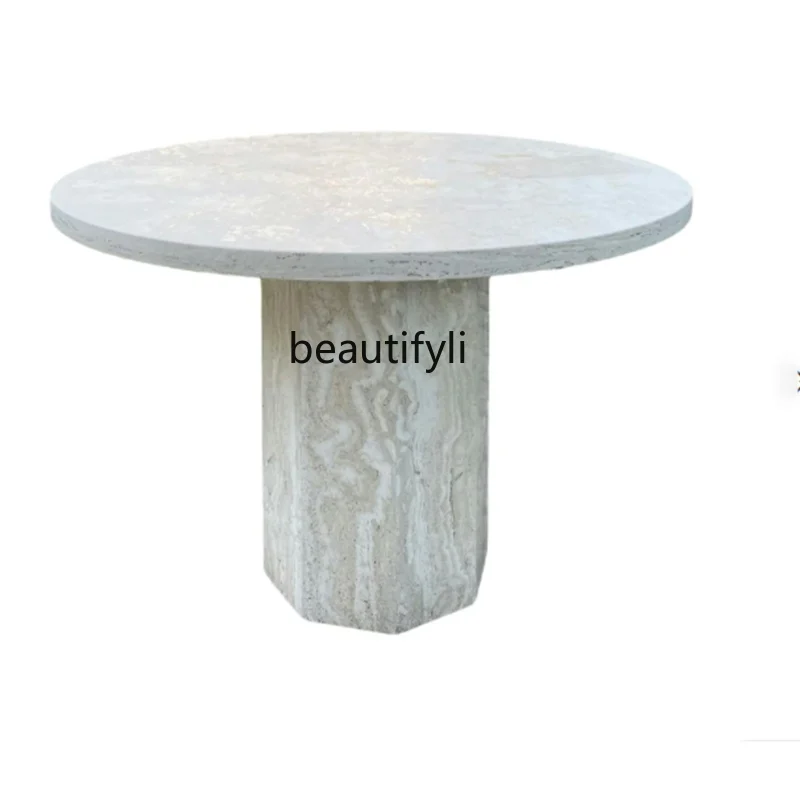 

Natural marble dining table simple modern negotiation meeting round table Italian atmosphere travertine Nordic